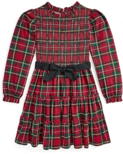 Polo Ralph Lauren Kids Plaid Smocked Cotton Jersey Dress (Big Kid) | Dresses